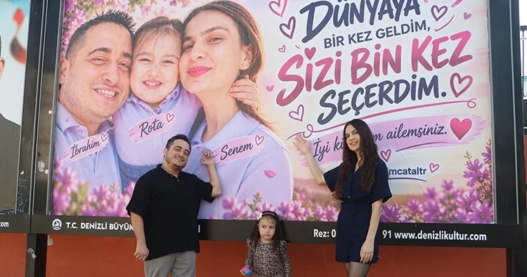 Eşine ve kızına olan sevgisini kentin billboardlarına taşıdı: Dünyaya bir kez gelsem sizi bin kez seçerdim