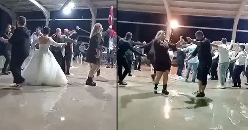 Sağanakla düğün pisti suyla doldu, davetliler aldırmadan oynadı