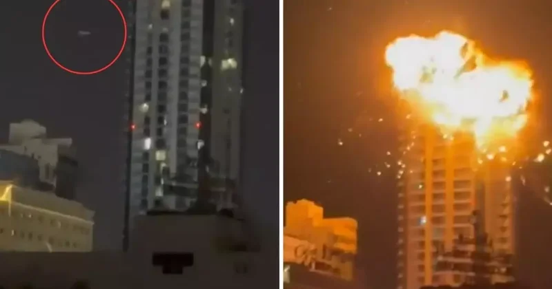 Alevler gökyüzüne yükseldi! İran Bahreyn deki binayı böyle vurdu