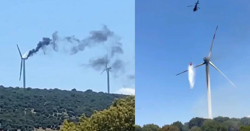 Rüzgar türbinindeki yangına helikopterle müdahale Son dakika haberleri