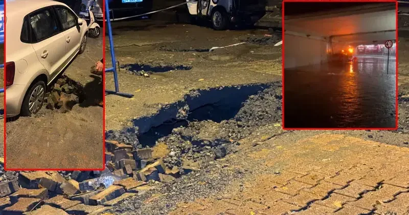 İstanbul da alt geçidi su bastı; araçlar çöken yolda kaldı
