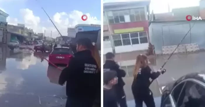 Ankara sokakları göle dönünce vatandaşlar olta atıp balık tuttu