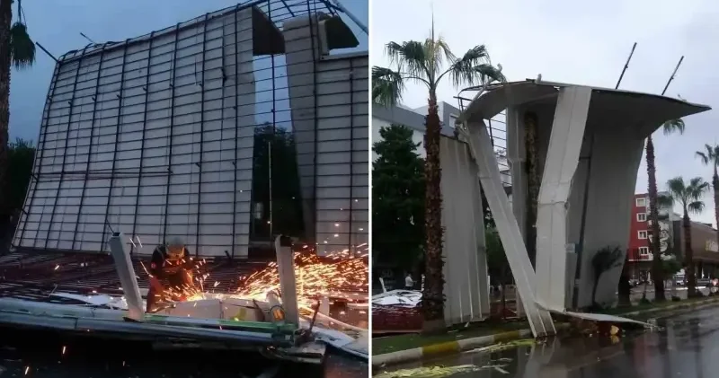 Antalya da fırtınada uçan çatı karayoluna savruldu Antalya Haberleri