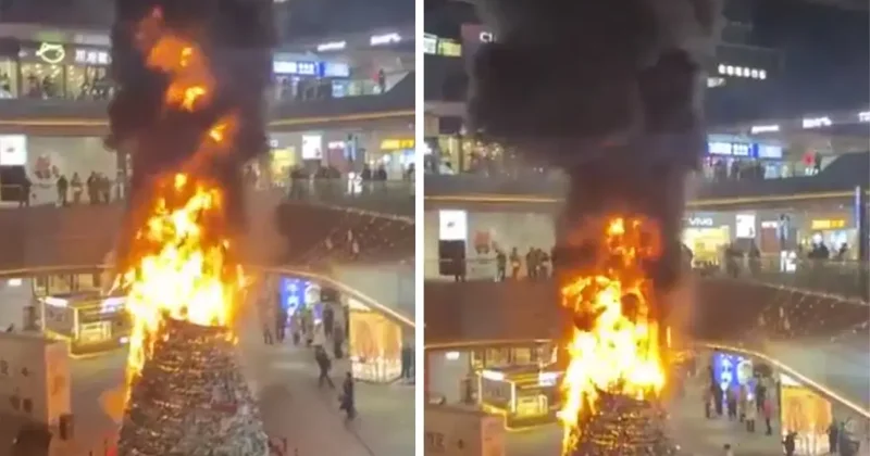 Çin deki AVM de noel ağacı alev aldı