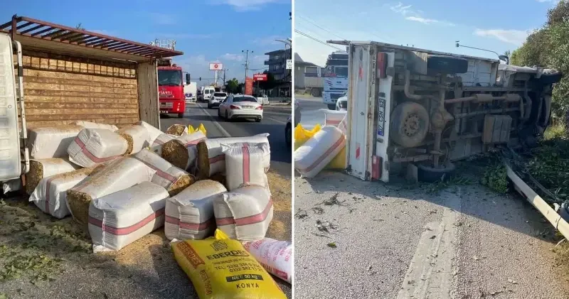 Antalya’da saman yüklü kamyonet devrildi: Yol trafiğe kapandı Antalya Haberleri