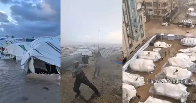 Gazze de şiddetli rüzgar ve yağmur nedeniyle yerinden edilmiş Filistinlilerin çadırları sular altında kaldı