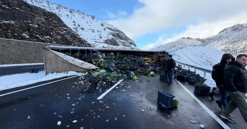 Bitlis Diyarbakır kara yolunda sebze yüklü tır devrildi