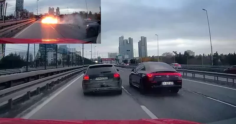 Şişli’de makas atan sürücü bariyerlere çarptı; alev alan aracın motoru yola fırladı