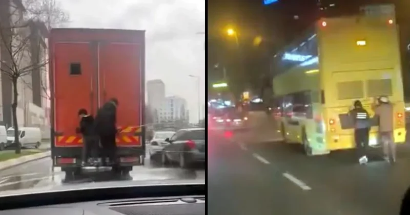 Çocukların hareket halindeki kamyon ve otobüsteki tehlikeli yolculuğu kamerada