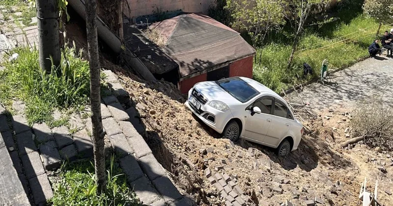 İstinat duvarı çöktü: Park halindeki araç metrelerce sürüklendi