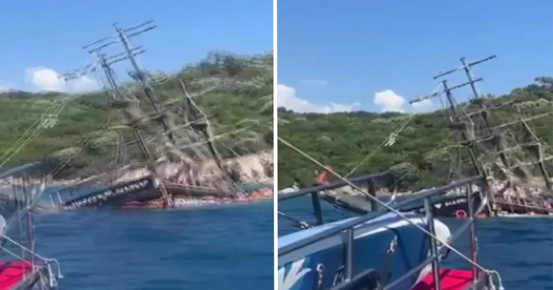 Marmaris’te can pazarı: İşte batan tur teknesinin suya gömülme anları!