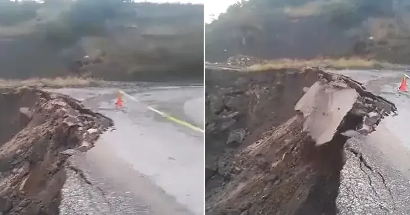 Tokat ta heyelan; köy yolunun çökme anı kamerada