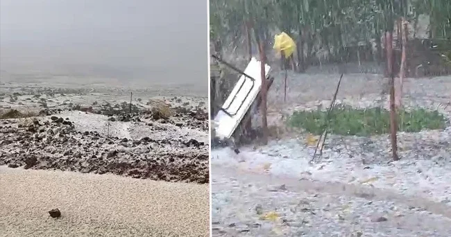 Aniden dolu yağışı başladı! Her yer beyaza büründü