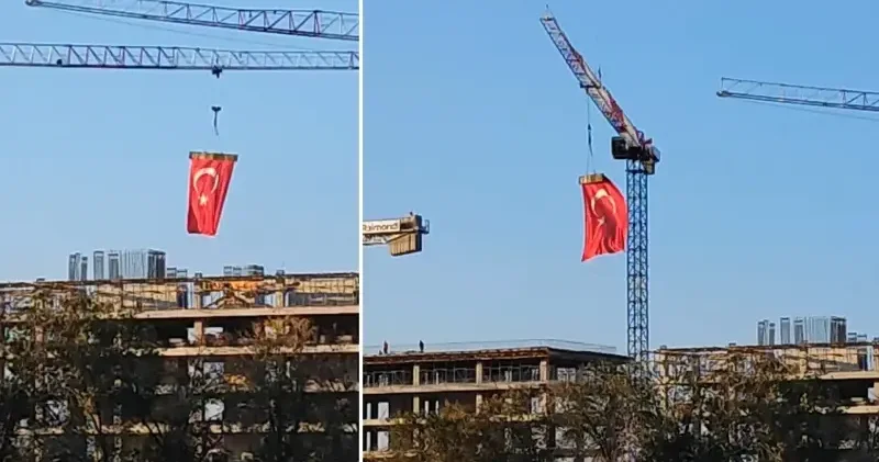 Vinç operatörü 35 metre yükseklikte Türk bayrağını dalgalandırdı Malatya Haberleri