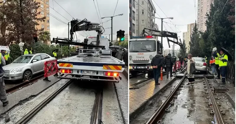 Tramvay yolunda kalan otomobil nedeniyle seferler aksadı İstanbul Haberleri