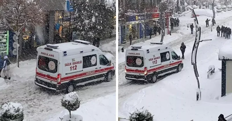 Ambulansın karla imtihanı! O anlar kameralarda