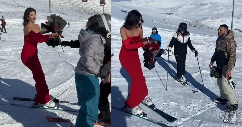 Kayak merkezinde kırmızı elbiseli kadını gören şaşırdı, yaptığı ise herkesi mest etti Sözcü Gazetesi