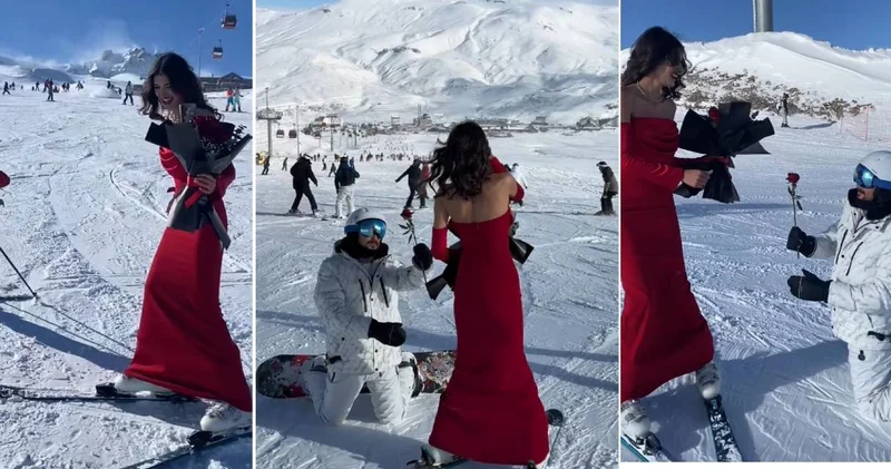 Kırmızı elbiseli kadın Erciyes te gül dağıttı