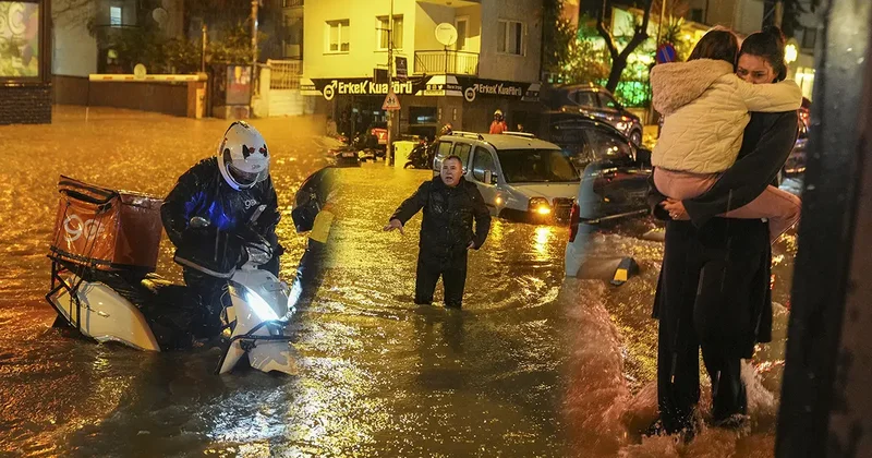 İzmir de sağanak yağmur ve fırtına sonrası meydana gelen sel, hayatı felç etti