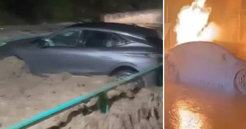 Manisa’da sağanak yağış etkili oldu: Otomobil dereye düştü, elektrikli otomobil alev aldı