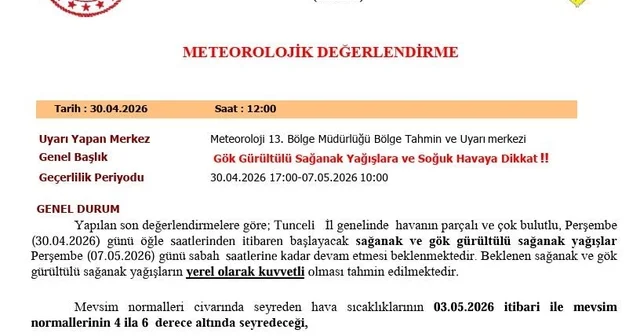 Tunceli için sağanak yağış uyarısı Tunceli Haberleri