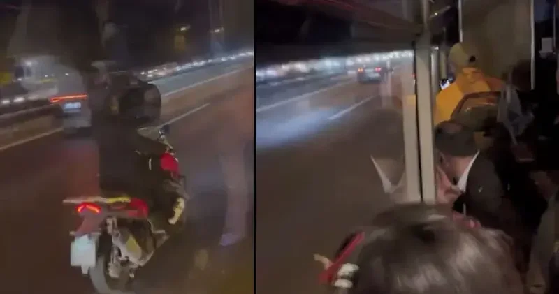 Trafikte tartıştığı İETT şoförüne elindeki cismi fırlattı; yolcuların panik anları kamerada