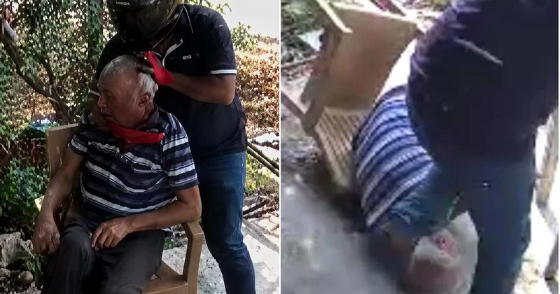 Kask ve eldivenle geldi, yaşlı adamın boynunu kırmaya çalıştı! Dehşet anları kamerada