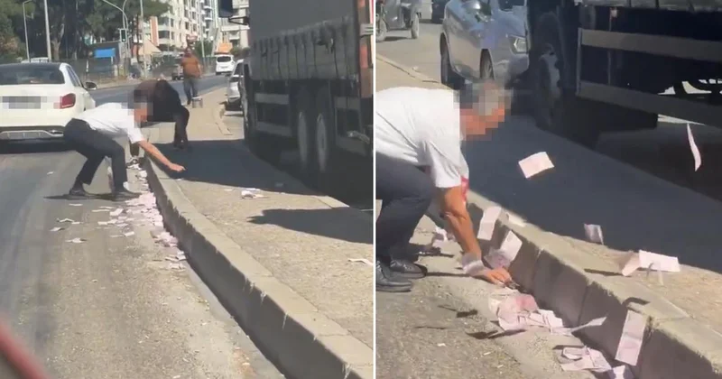 Çuvalla taşıdıkları para yola saçıldı! Yaşanan panik kamerada