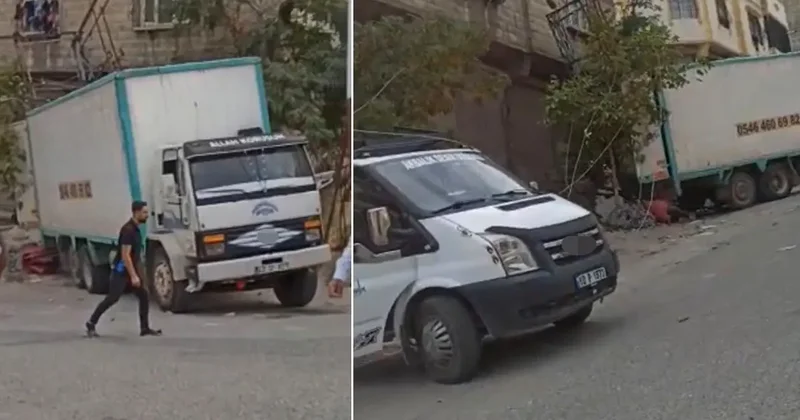 Gaziantep te freni boşalan kamyon elektrik direği ve eve çarparak durabildi