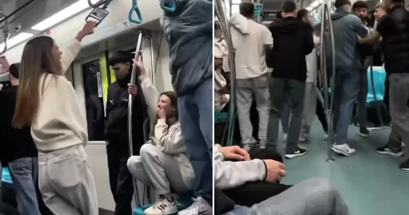 Marmaray da 2 grup arasında kavga! Genç kızlar olanları gülerek izledi