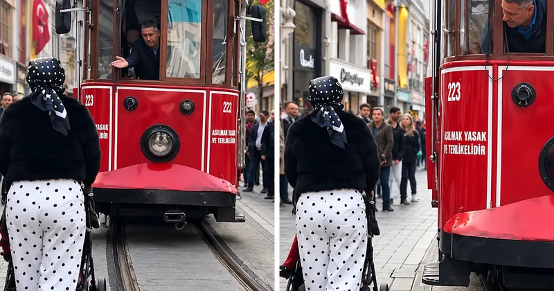 Taksim de akılalmaz hareket! Tramvayın üzerine doğru bebek arabasını sürdü