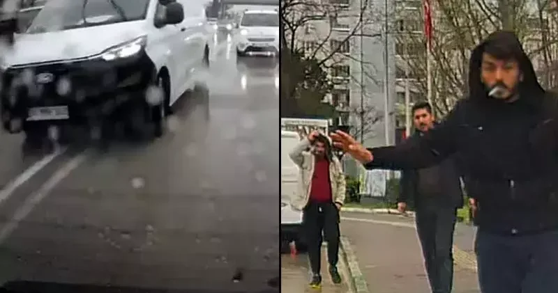 Yol vermek istemeyen sürücüyü darbetmeye çalıştılar; o anlar kamerada