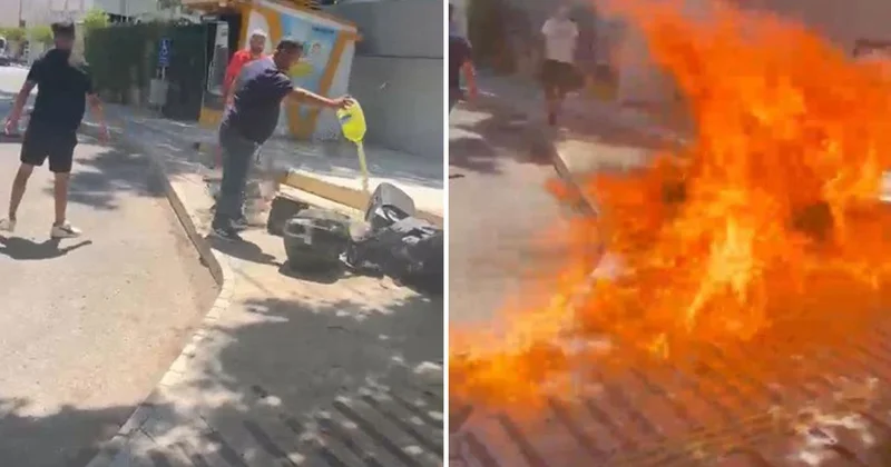 İşletme sahibi 800 bin lira ceza yemesine sebep olan ses sistemini belediye önünde benzin döküp yaktı