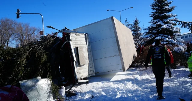 Işıklarda duramayan kamyon devrildi, çarptığı ağacı kökünden söktü Erzurum Haberleri